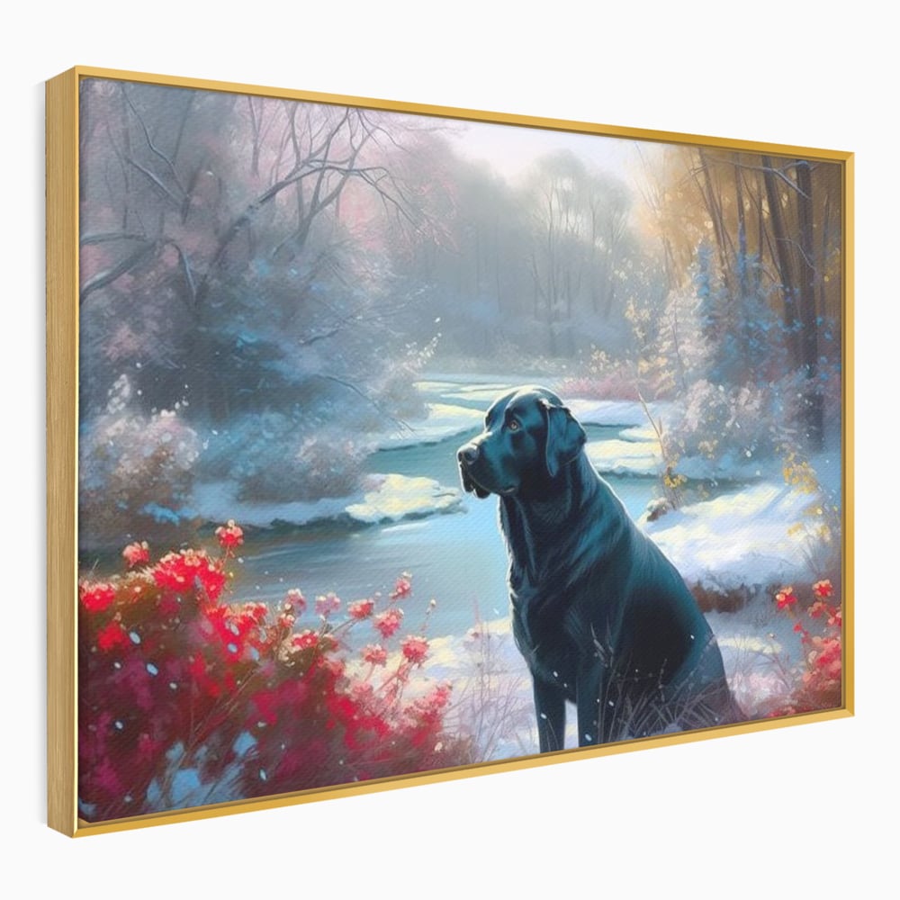 Tablou canvas cu tablou canvas cu labrador negru pe malul unui lac inzapezit, in rama de aluminiu auriu